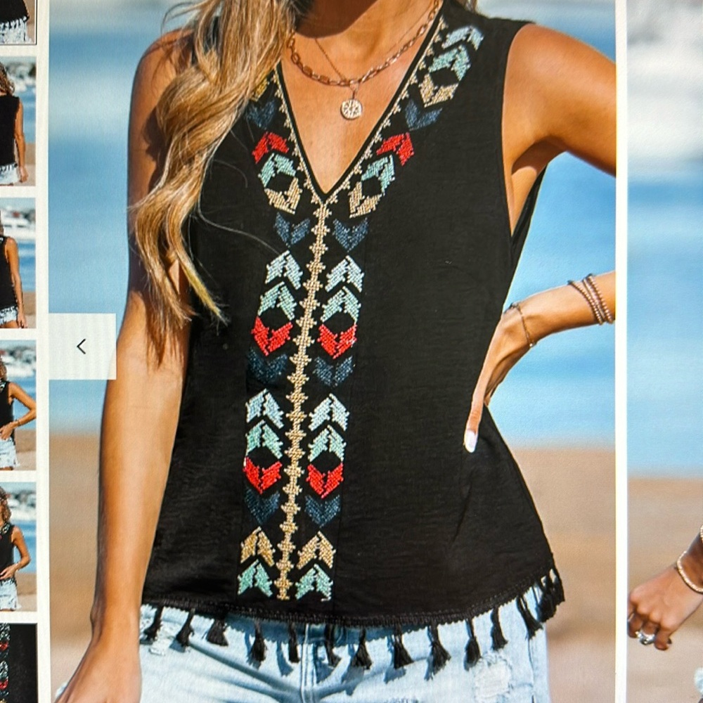 CupShe Embroidered Tassel V-Neck Top Medium